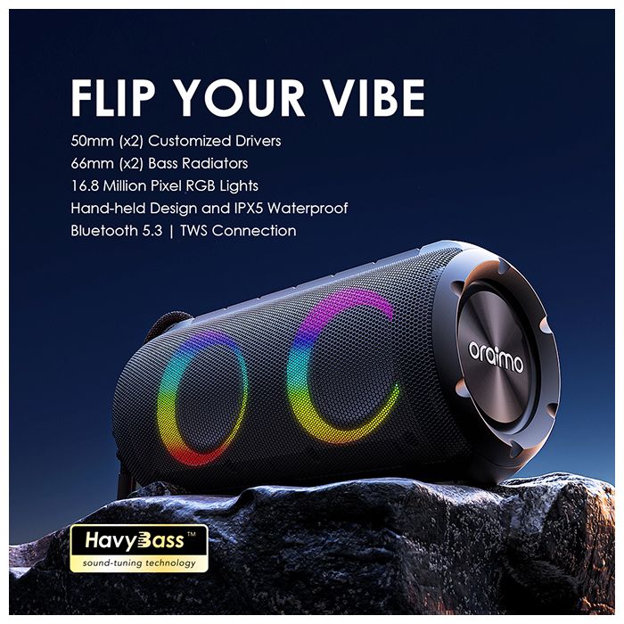 oraimo Rover RGB-Lights Bluetooth 5.3 Portable IPX5 Wireless Speaker