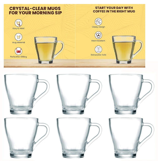 Luminarc Mahak Coffee Mug & Tea Cup Set – 6 Pc (255ml Each) with Handle for Hot & Cold Drinks