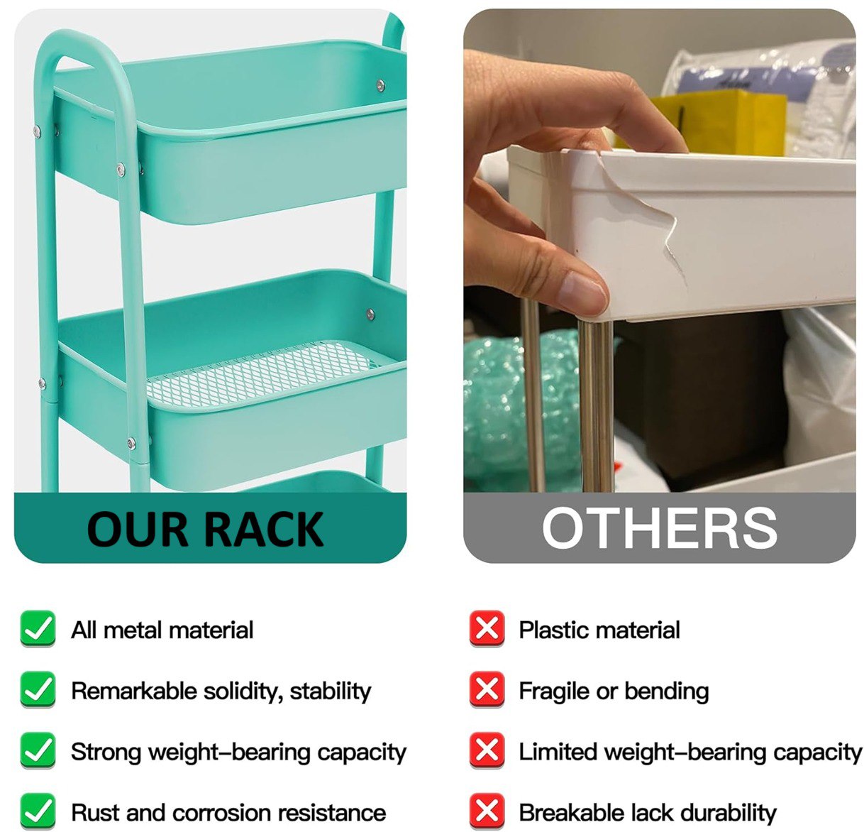 Versatile 3-Tier Metal Storage Trolley on Wheels - Space Saving and Durable Rolling Cart for Kitchen, Makeup, Bathroom & Office