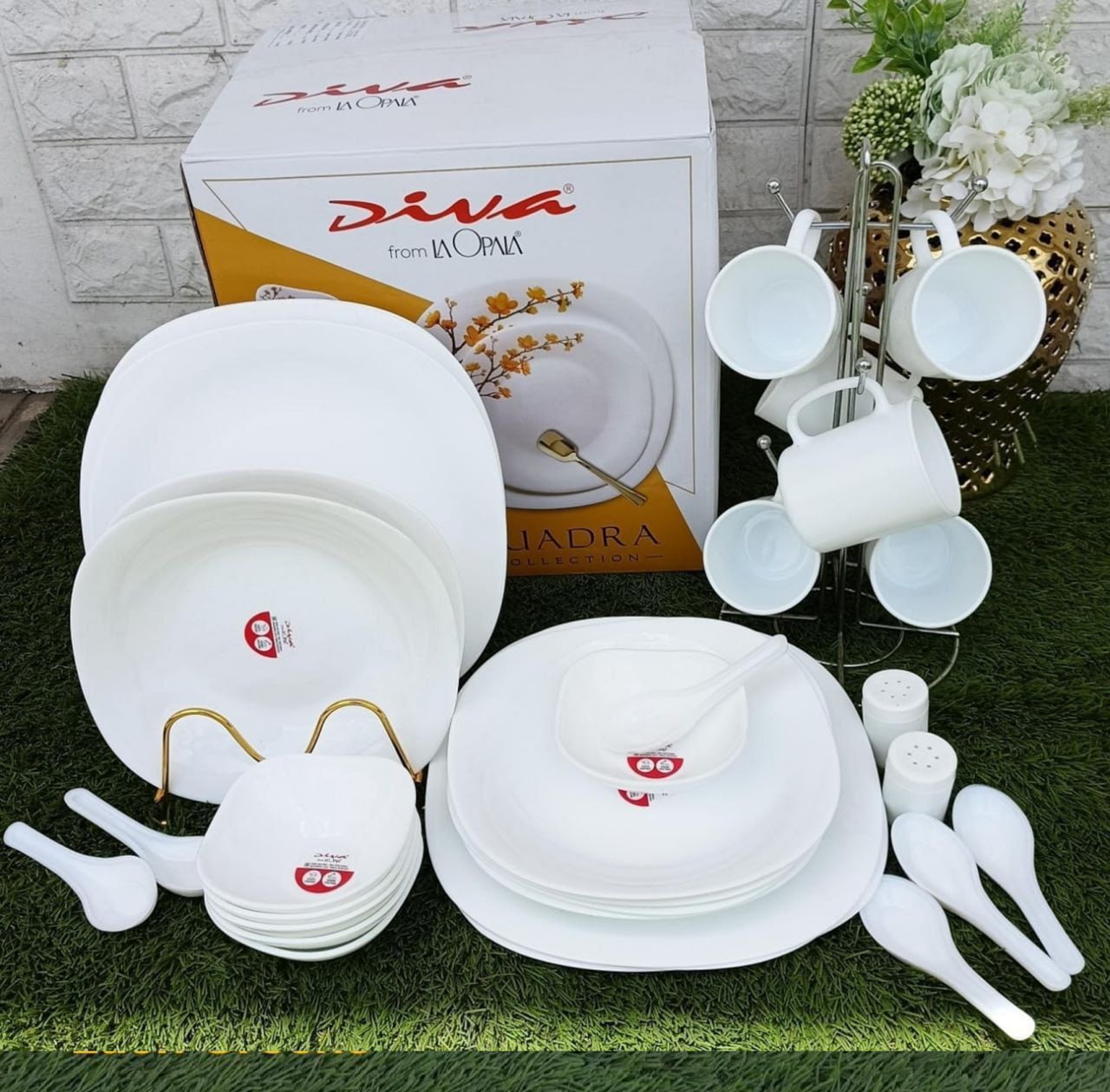 Diva 39 Pieces Glass Quadra Dinner set-WHITE