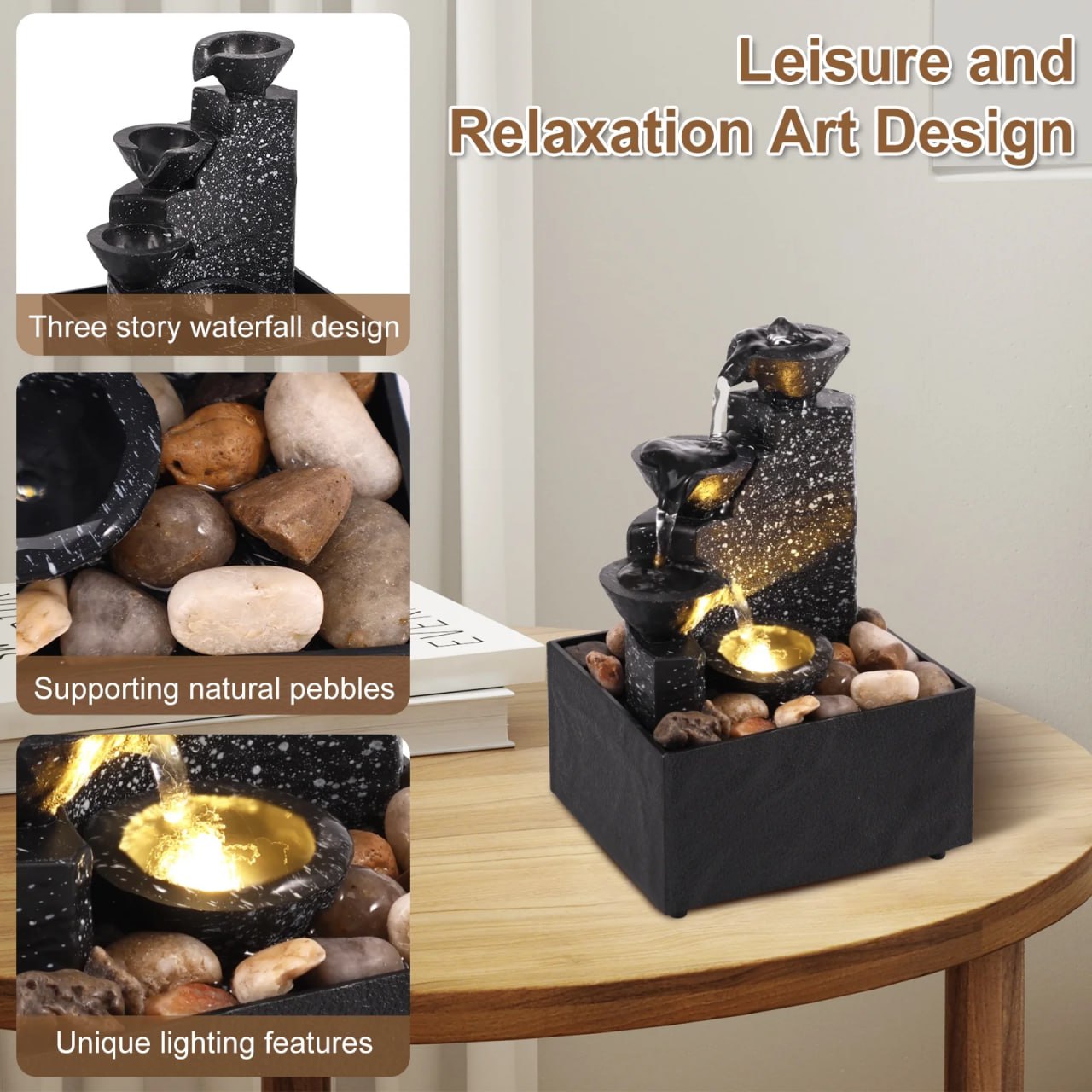 Tabletop Floating Teapot Waterfall Fountain - Indoor USB & Battery Powered Relaxation Ornament with LED Lights & Natural Pebbles
