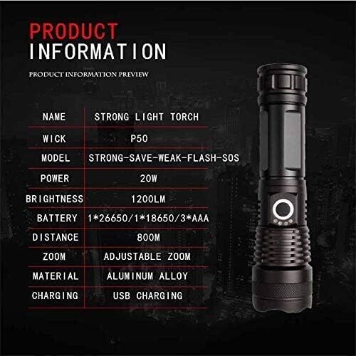 Handheld Flashlight with 5 Modes Aluminum Alloy Material Zoom Adjustable USB Rechargeable Focus Torch