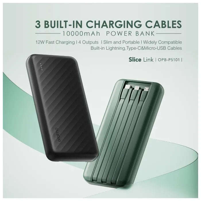 Oraimo Slice Link 10000mAh 12W Fast Charge 3 in 1 Portable Power Bank with Built-in all Phones Cables
