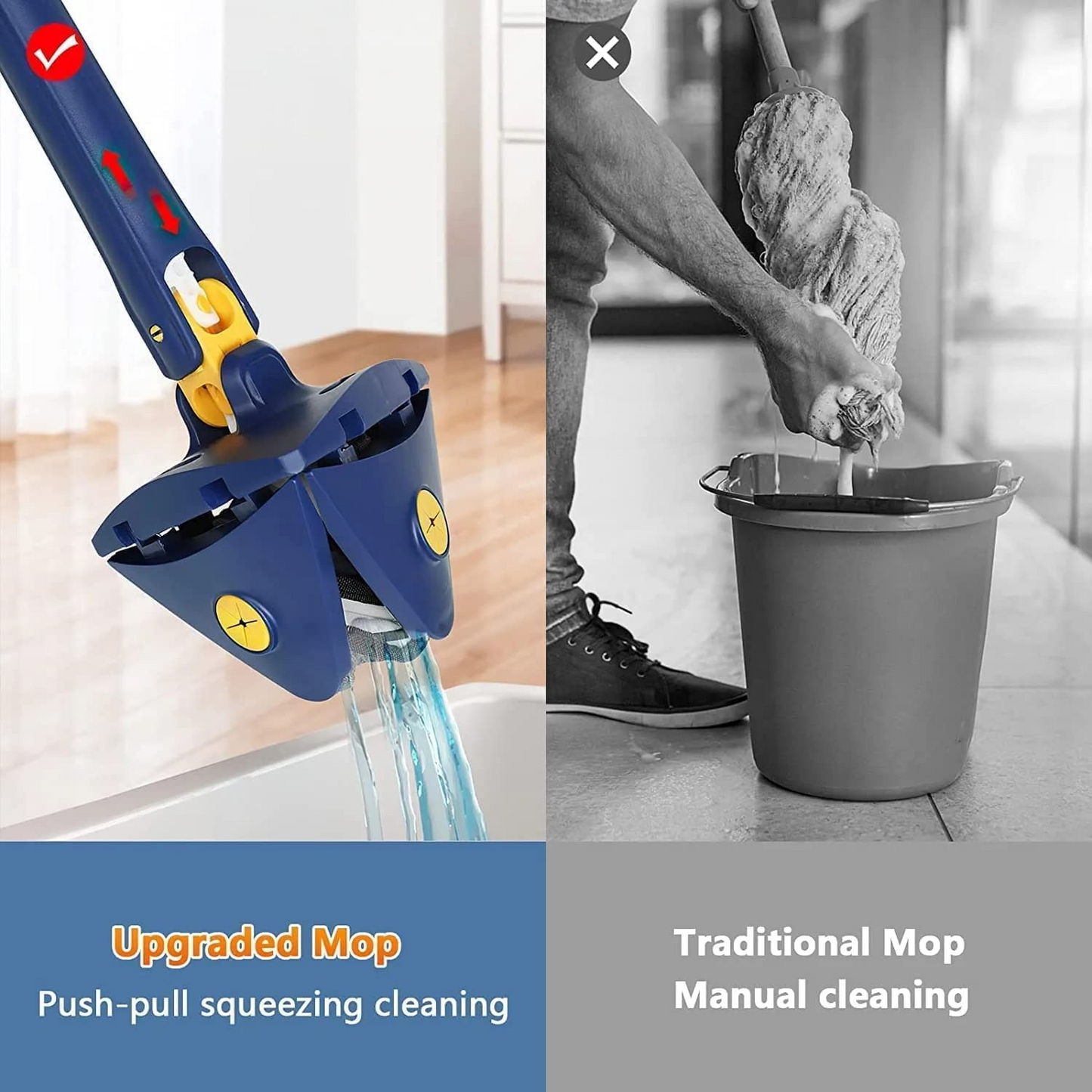 360° Rotatable Adjustable Triangle Cleaning Mop with Stainless Steel Long Handle Push-Pull Squeezing Cleaning Mopper