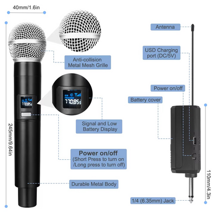2PC UHF Wireless Dual Handheld Dynamic Microphone with Rechargeable Receiver for Wedding Party Speech Church or Karaoke