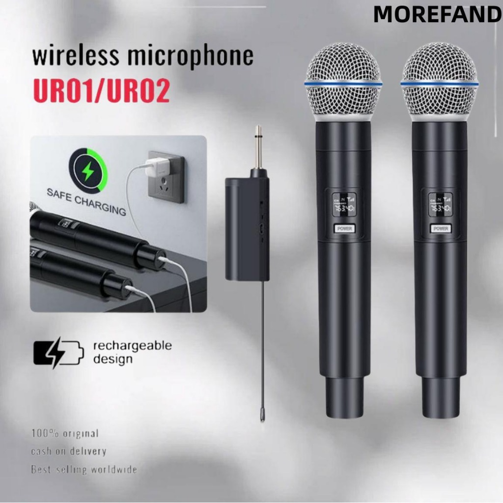 2PC UHF Wireless Dual Handheld Dynamic Microphone with Rechargeable Receiver for Wedding Party Speech Church or Karaoke