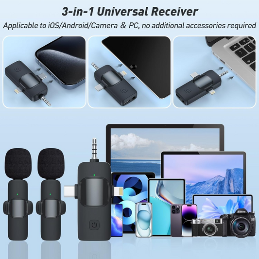 3-in-1 Double Wireless Lavalier Lapel Microphone For Mobile Phones for Vlog, Podcast, TikTok, YouTube