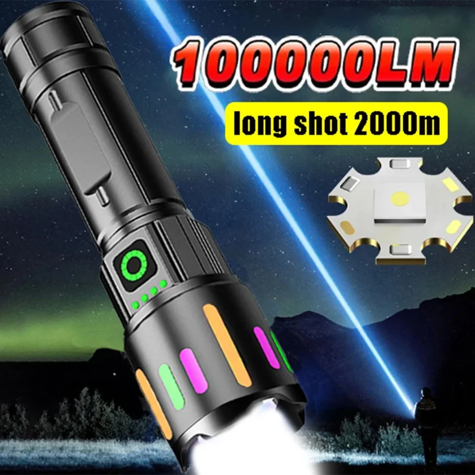 Premium Powerful Long Range Super Bright LED Flashlight / Torch with Zoom, USB, Type-C Port and 4 Light Modes