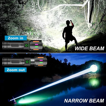 Premium Powerful Long Range Super Bright LED Flashlight / Torch with Zoom, USB, Type-C Port and 4 Light Modes