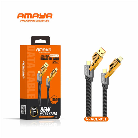 Amaya 65W 4-in-1 Data Super Fast Charging Braided Cables - 1.2Mtr