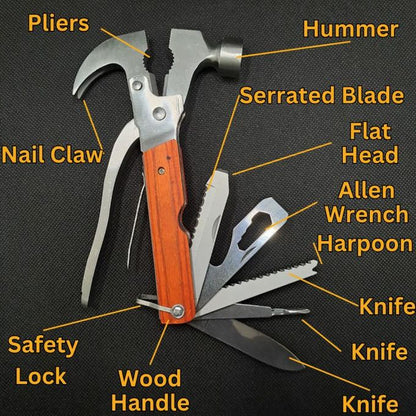 Camping Gear Multifunctional 15-in-1 Survival Gear with claw Hammer, Bottle Opener & Screwdrivers - Emergency Tool