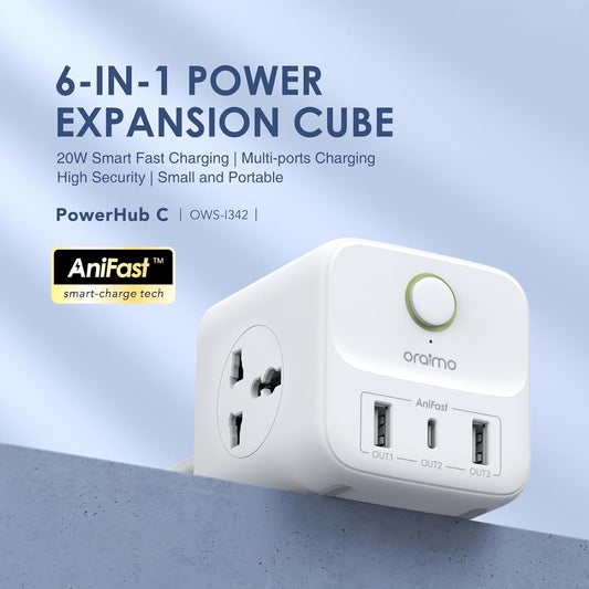 Oraimo Power Hub C 6-In-1 Cube Extension Boards with 3 Socket, 2 USB and 1 Type C Fast Charging Port