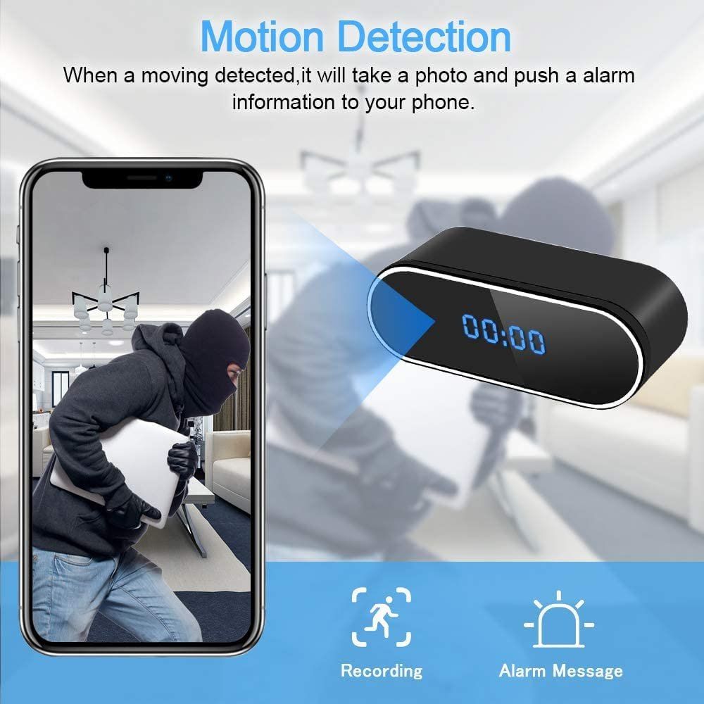 Hidden Spy HD 1080P WiFi Camera Alarm Clock with Night Vision and Motion Detective, Monitor Video Recorder Nanny Cam for Home Office Security No Audio