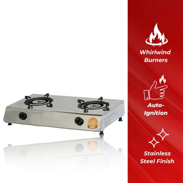 Ramtons stainless steel, 2 Burner Gas Cooker with 1 Year Warranty
