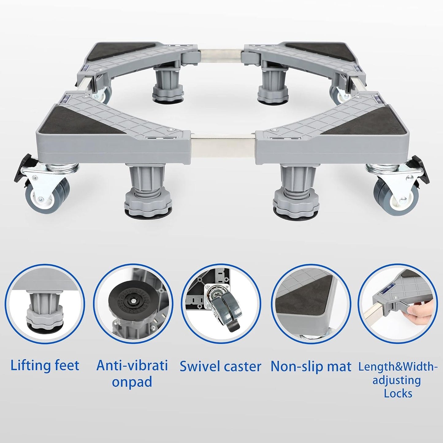 Heavy Duty Adjustable Base 8 Legs with 4 castors for washing machine, refrigerator load capacity 300 kg