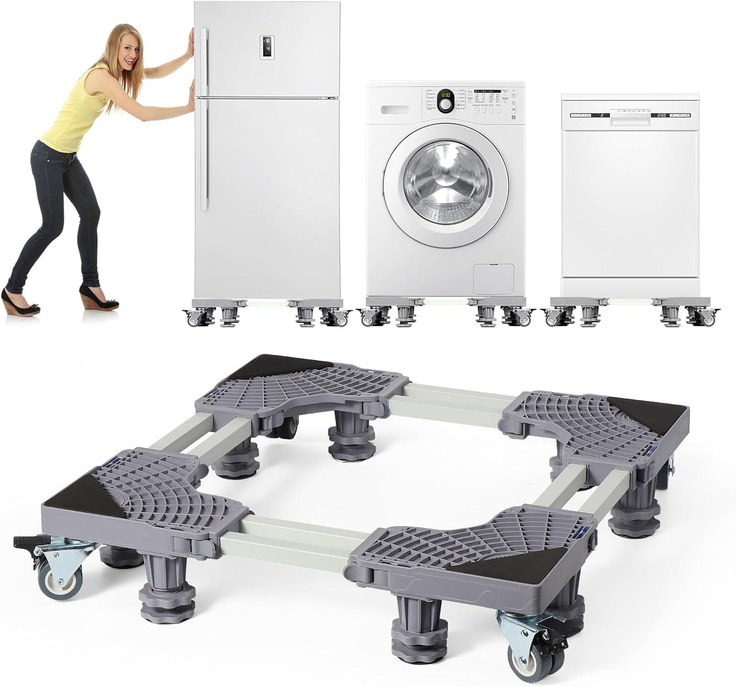 Heavy Duty Adjustable Base 8 Legs with 4 castors for washing machine, refrigerator load capacity 300 kg