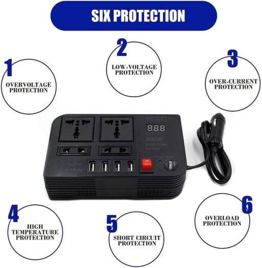 Car 300Watts Power Inverter with LED Display Dual 4 USB Portable Sine Wave Charger Converter