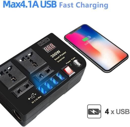 Car 300Watts Power Inverter with LED Display Dual 4 USB Portable Sine Wave Charger Converter