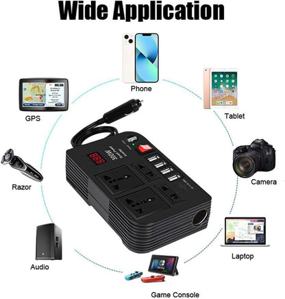 Car 300Watts Power Inverter with LED Display Dual 4 USB Portable Sine Wave Charger Converter