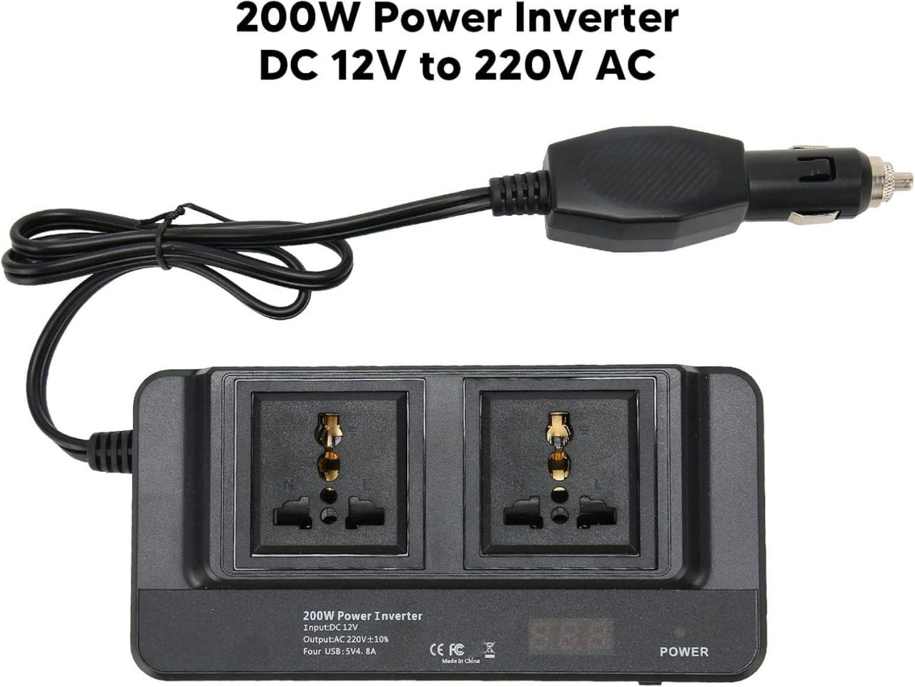 200 W Car Inverter, DC 12 V to 220 V AC Car Inverter with 2.1 A 4 USB Ports Charger, Multiple Protection Car Inverter for Laptop, Tablet, Mobile Phone, etc