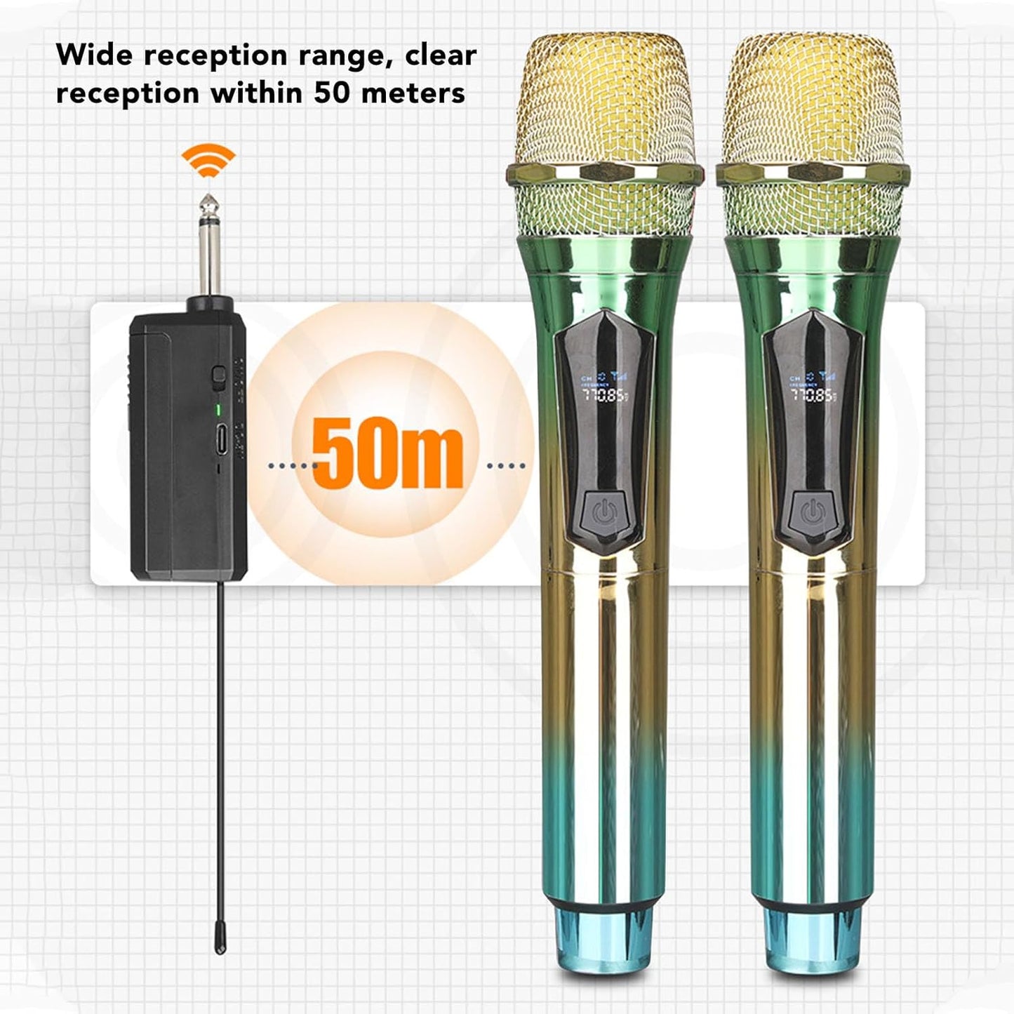 UHF 2PC Set Wireless Dual Handheld Dynamic Microphone with Rechargeable Receiver for Wedding Party Speech Church or Karaoke