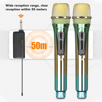 UHF 2PC Set Wireless Dual Handheld Dynamic Microphone with Rechargeable Receiver for Wedding Party Speech Church or Karaoke