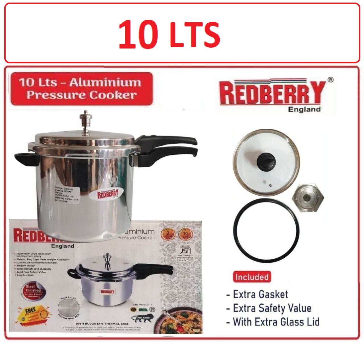 Redberry Premium Range Aluminium Pressure Cooker With Glass Lids Plus Free Extra Gasket & Safty Value
