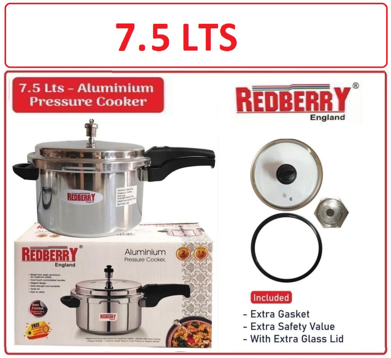 Redberry Premium Range Aluminium Pressure Cooker With Glass Lids Plus Free Extra Gasket & Safty Value
