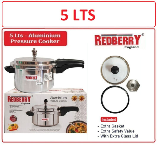 Redberry Premium Range Aluminium Pressure Cooker With Glass Lids Plus Free Extra Gasket & Safty Value