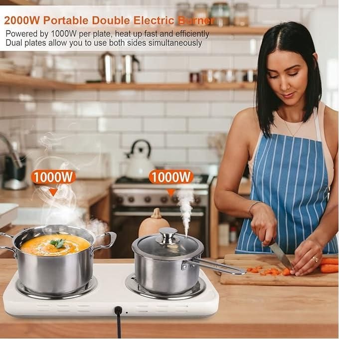 Portable Electric Double Coil Burner with Dual Control, heats up in just 2 mins - 2000 Watts