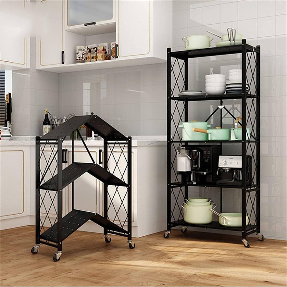 Metal Foldable Mobile Storage Shelving Unit, Rolling Utility Cart Storage Shelf Rack for Home Office Kitchen Bathroom