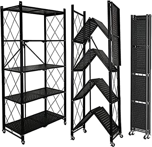 Metal Foldable Mobile Storage Shelving Unit, Rolling Utility Cart Storage Shelf Rack for Home Office Kitchen Bathroom