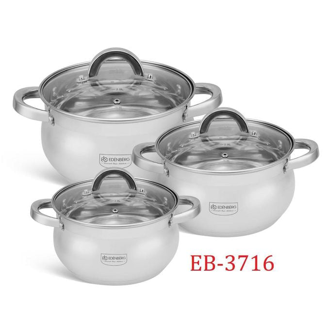 Luxurious 6 Pcs Stainless steel Edenberg Stainless Cookware EB-3716 with Glass lids