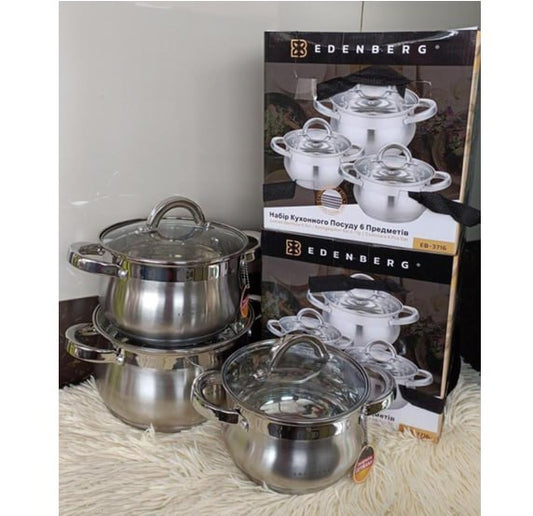 Luxurious 6 Pcs Stainless steel Edenberg Stainless Cookware EB-3716 with Glass lids
