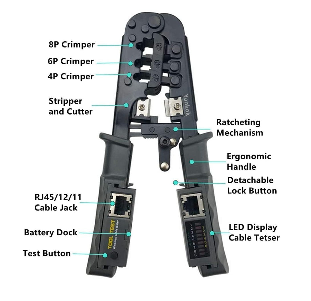 Network Cable Crimper with LAN Tester 4P 6P 8P Telephone Cable RJ45/RJ12/RJ11 Network Cable Pliers Ratchet Modular Telecom Crimping Tool