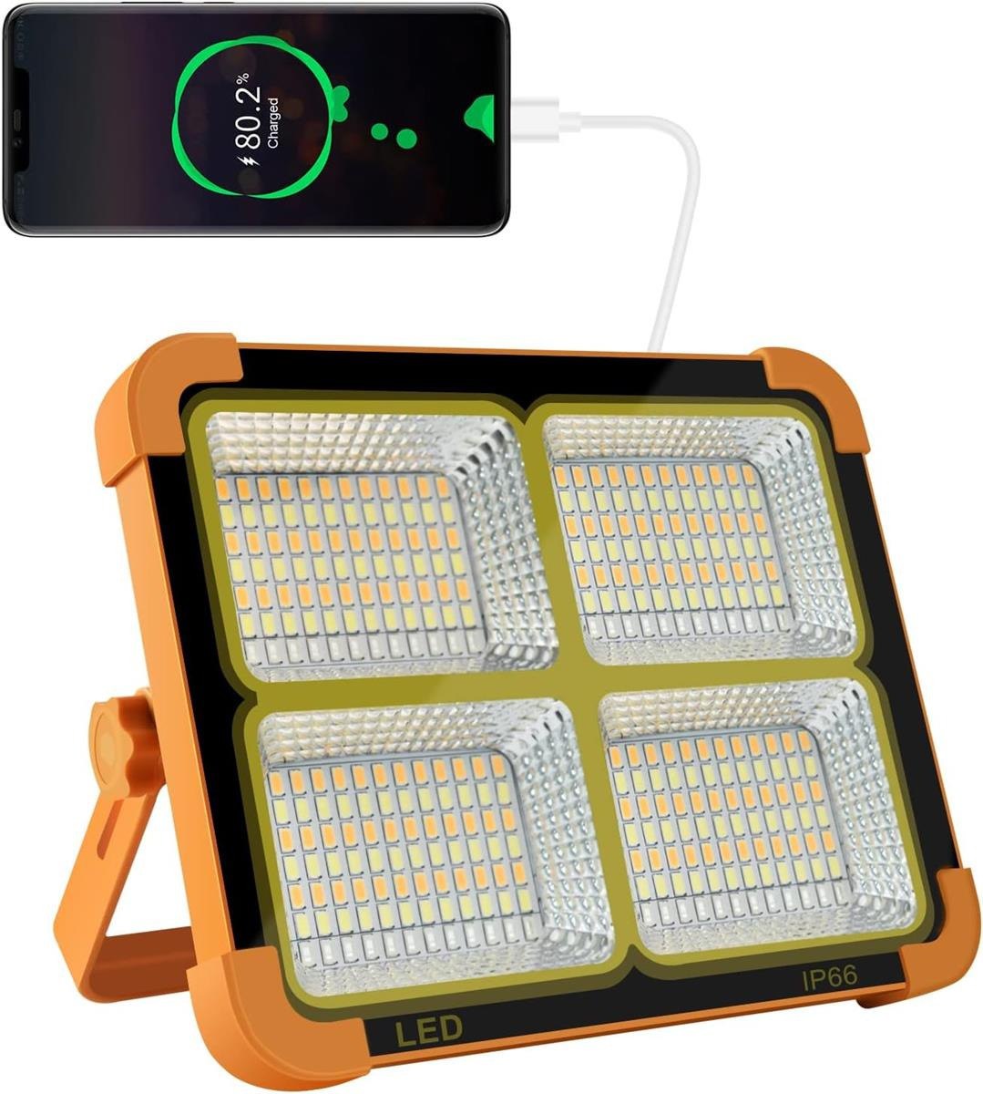 Rechargeable Work Light, Portable Solar LED Floodlight with USB Port & 4 Lighting Modes