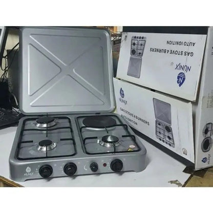 Nunix 3 Gas Burner + 1 electric Table Top Cooker Silver + Free Gas Pipe and Regulator