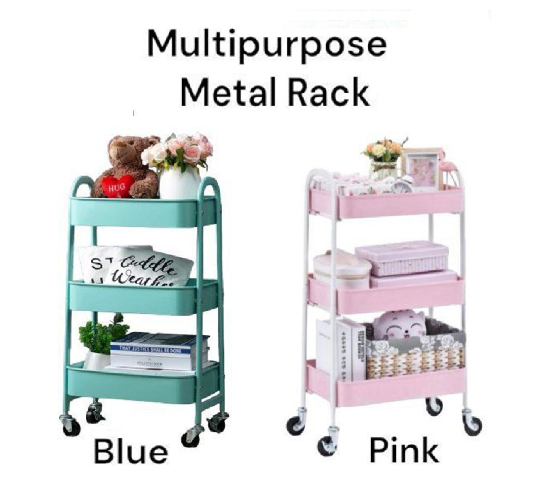 Versatile 3-Tier Metal Storage Trolley on Wheels - Space Saving and Durable Rolling Cart for Kitchen, Makeup, Bathroom & Office