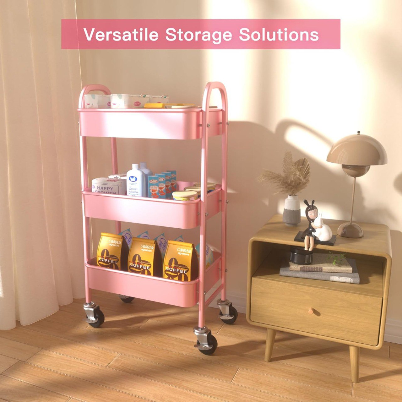 Versatile 3-Tier Metal Storage Trolley on Wheels - Space Saving and Durable Rolling Cart for Kitchen, Makeup, Bathroom & Office