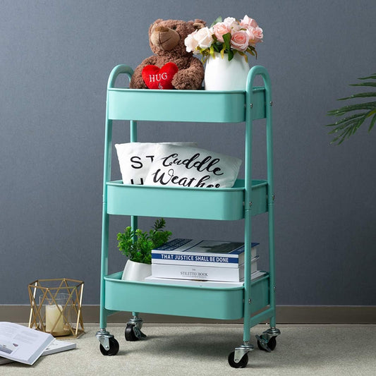 Versatile 3-Tier Metal Storage Trolley on Wheels - Space Saving and Durable Rolling Cart for Kitchen, Makeup, Bathroom & Office