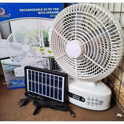 Easy Power 5-in-1 Solar Powered Rechargeable Fan With Radio, Light, Power Bank Option