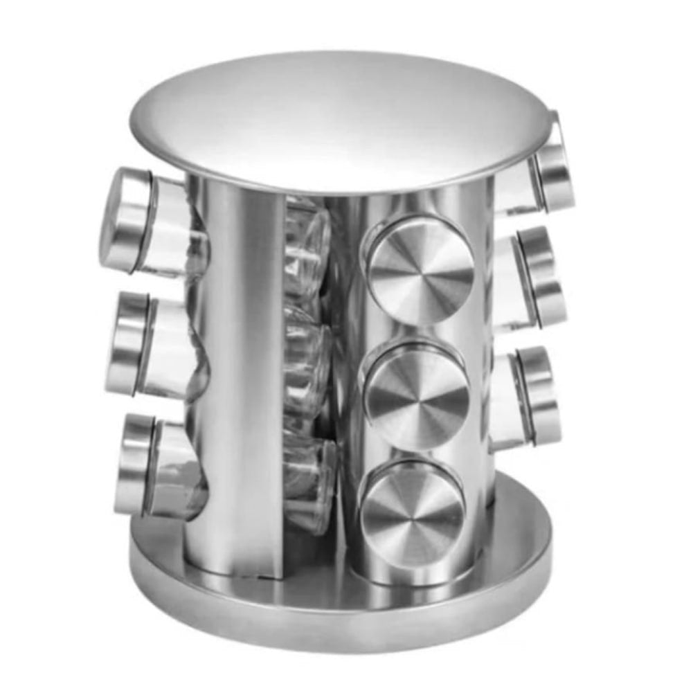 Rotating Spice Carousel Rack With 12 Jars Stainless Steel Top Glass Jars
