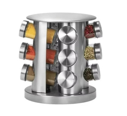 Rotating Spice Carousel Rack With 12 Jars Stainless Steel Top Glass Jars