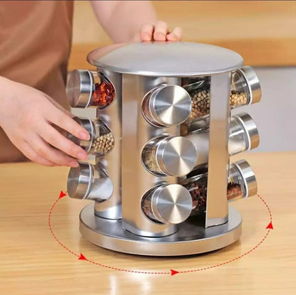 Rotating Spice Carousel Rack With 12 Jars Stainless Steel Top Glass Jars