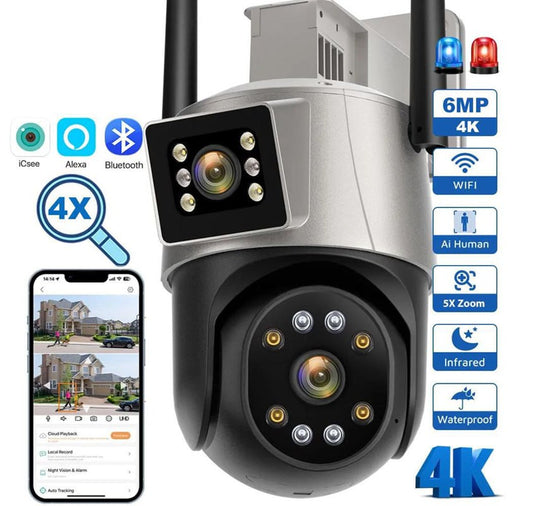 Dual 4G AI Solar Camera Double Lens 6 Light Bulbs 2-in-1