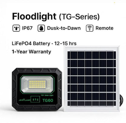 Solar Light 1000W Solar Flood Light TG Series IP67 Waterproof, Remote Control, Dusk-to-Dawn, Off-Grid Outdoor Security