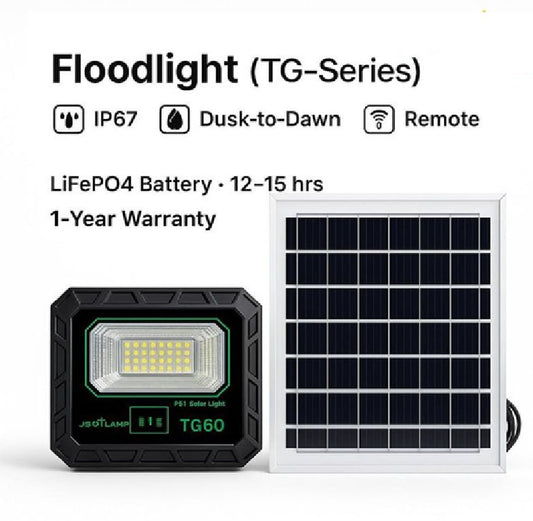 Solar Light 60W Solar Flood Light TG Series IP67 Waterproof, Remote Control, Dusk-to-Dawn, Off-Grid Outdoor Security