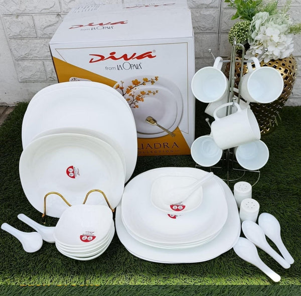 Diva 39 Pieces Glass Quadra Dinner set-WHITE