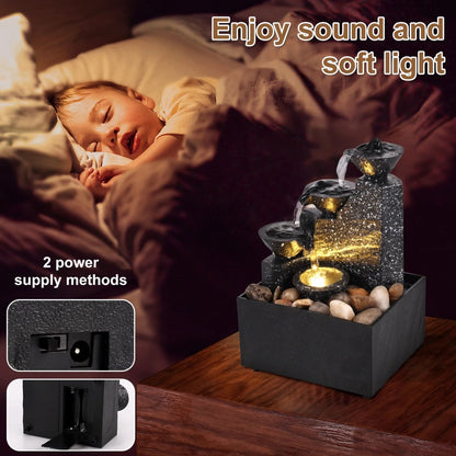 Tabletop Floating Teapot Waterfall Fountain - Indoor USB & Battery Powered Relaxation Ornament with LED Lights & Natural Pebbles
