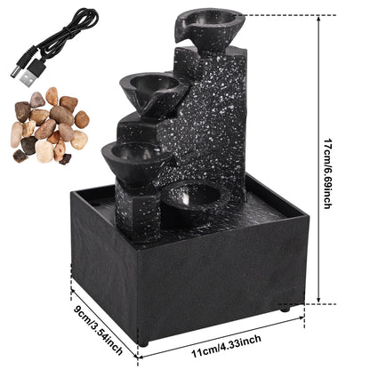 Tabletop Floating Teapot Waterfall Fountain - Indoor USB & Battery Powered Relaxation Ornament with LED Lights & Natural Pebbles